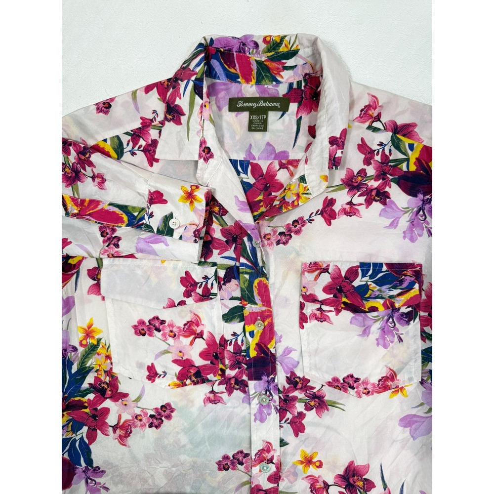Floral Silk Tommy Bahama Button Down Women XXS White Roll Tab Quiet Luxury EUC
